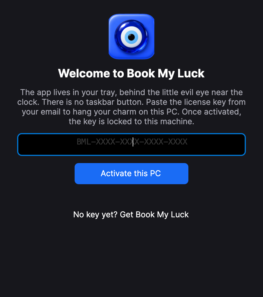 Book My Luck 1.0.31 welcome screen with a license-key field and centered Activate this PC button.