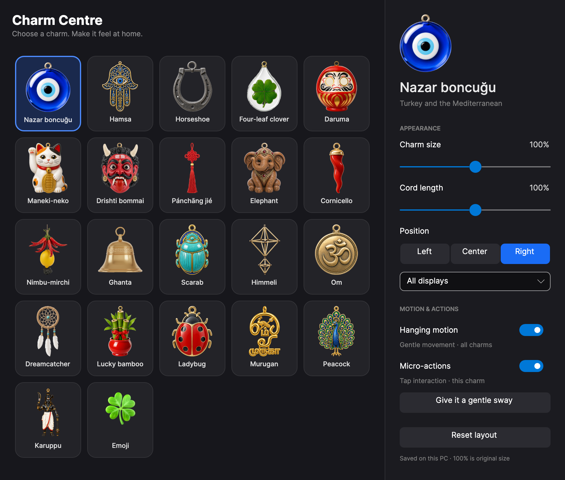 Book My Luck 1.0.31 Charm Centre: charm tiles including Karuppu, plus size, cord length, position, display and motion settings.