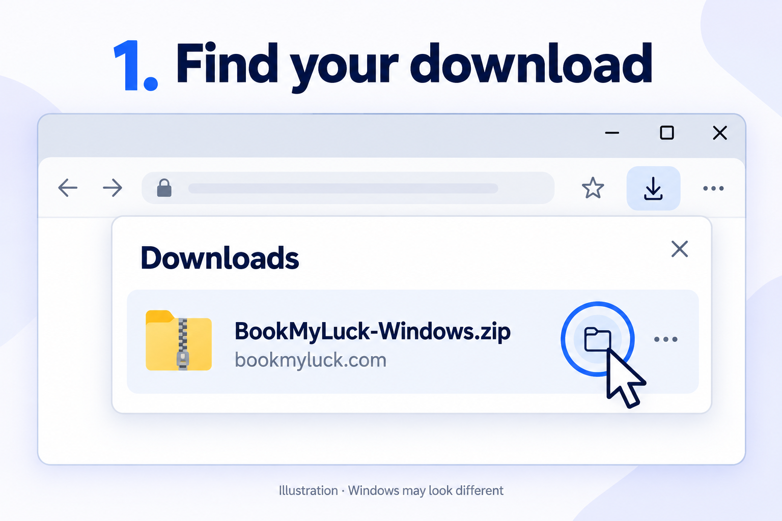 Illustrated browser Downloads list showing BookMyLuck-Windows.zip from bookmyluck.com, with the Show in folder icon highlighted.