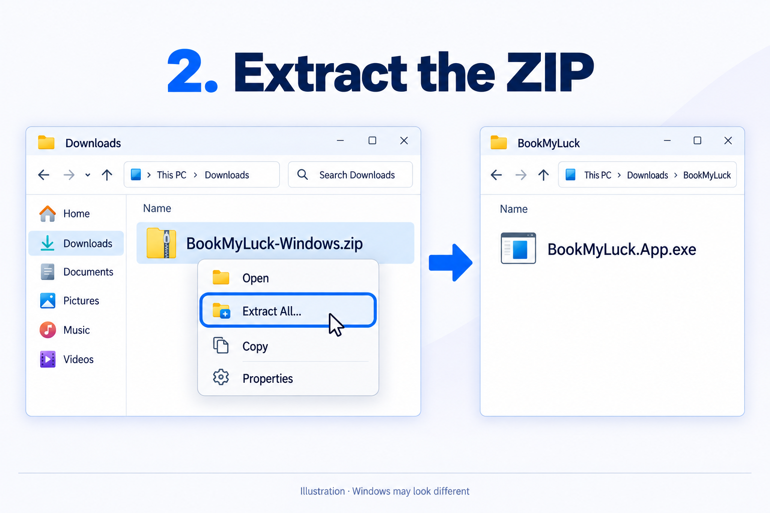 Illustration: right-click the ZIP and select Extract All; the extracted folder contains BookMyLuck.App.exe.